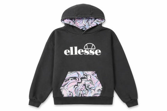 Front view of Ellesse girls’ black hoodie 12-13 years pullover marbled pocket cotton blend