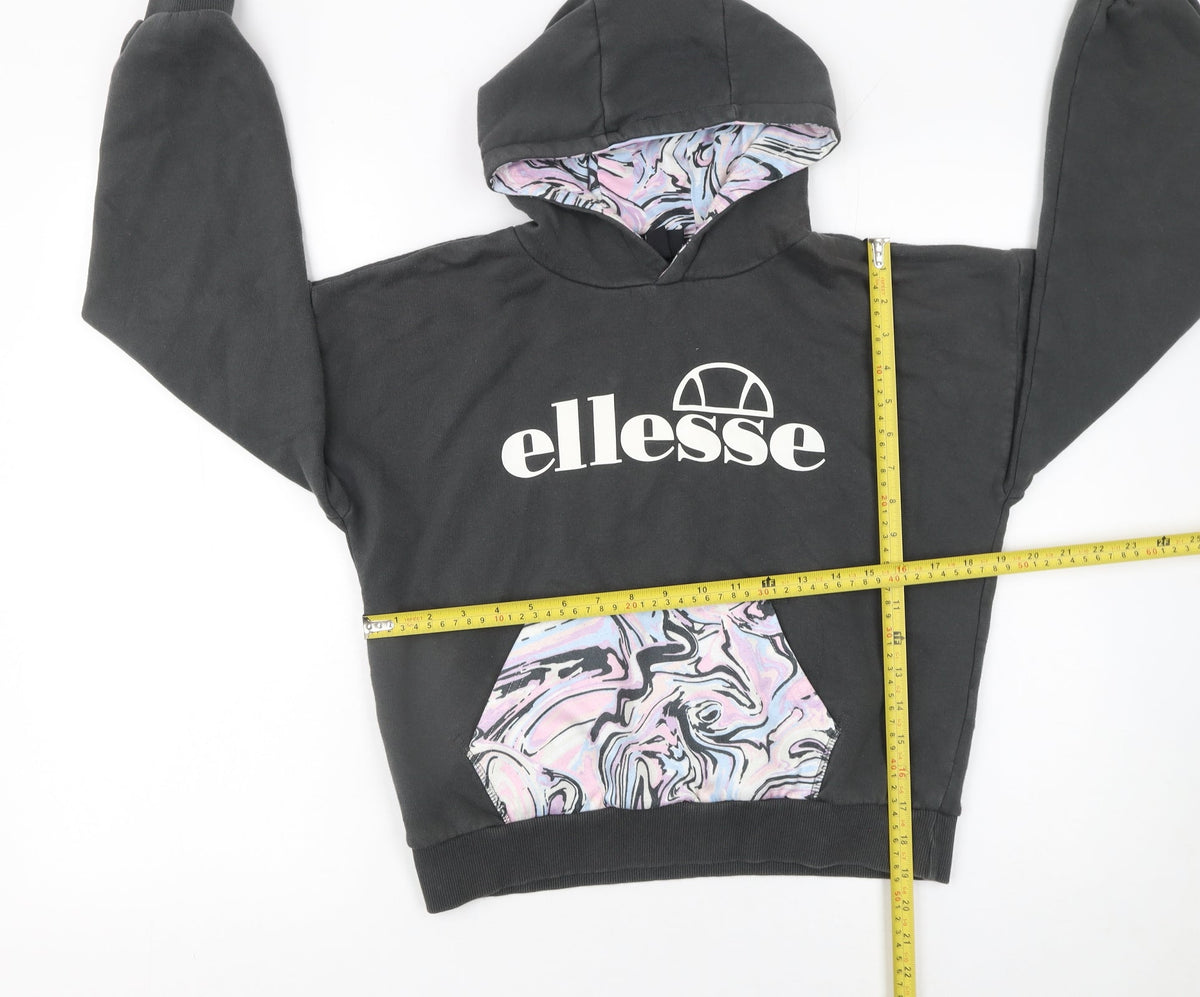 Ellesse Girls Black Hoodie 12-13 Years Pullover Marbled Pocket Cotton Blend