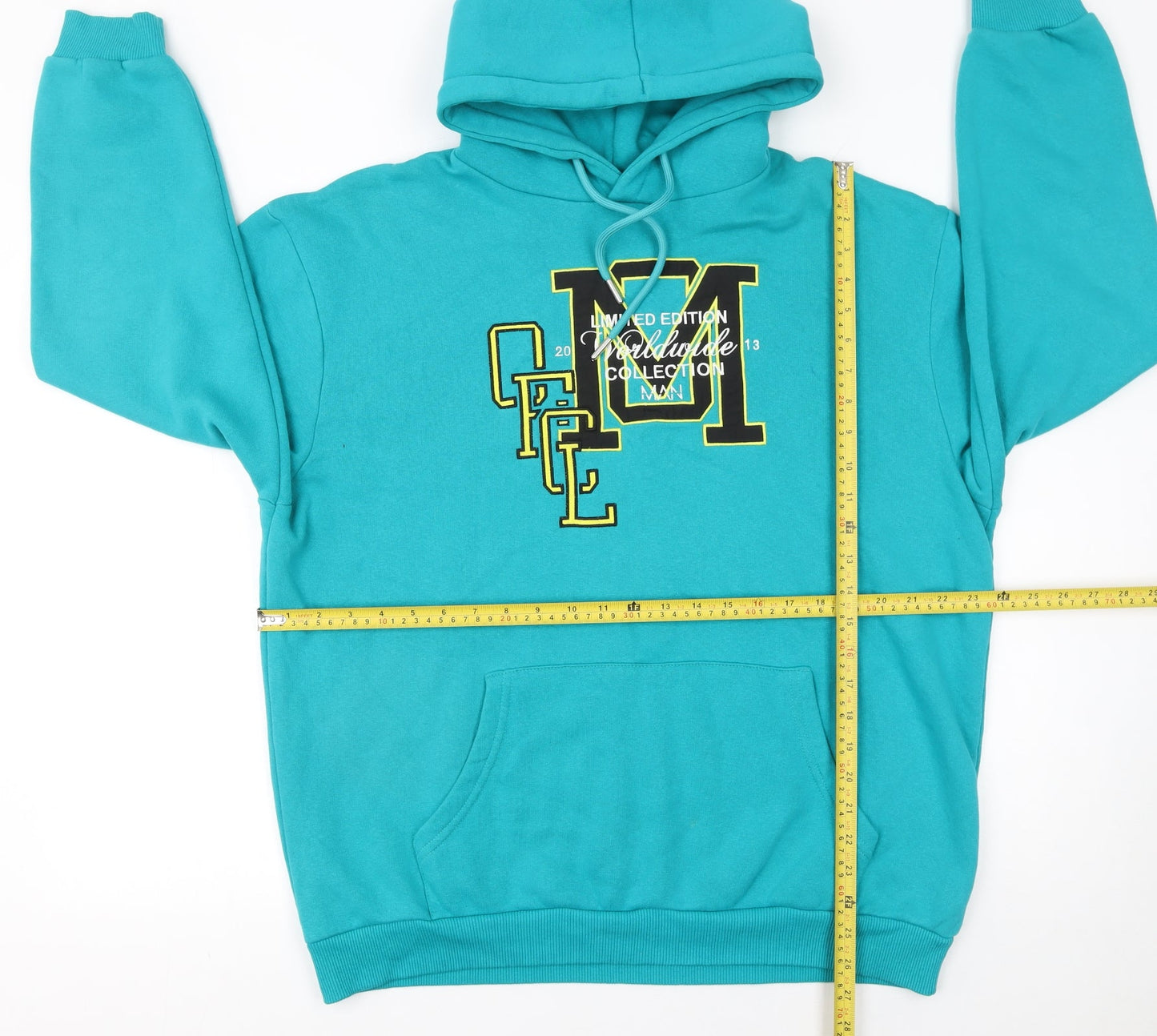boohooMAN Men's Blue Pullover Hoodie S Embroidered Graphic Cotton Blend