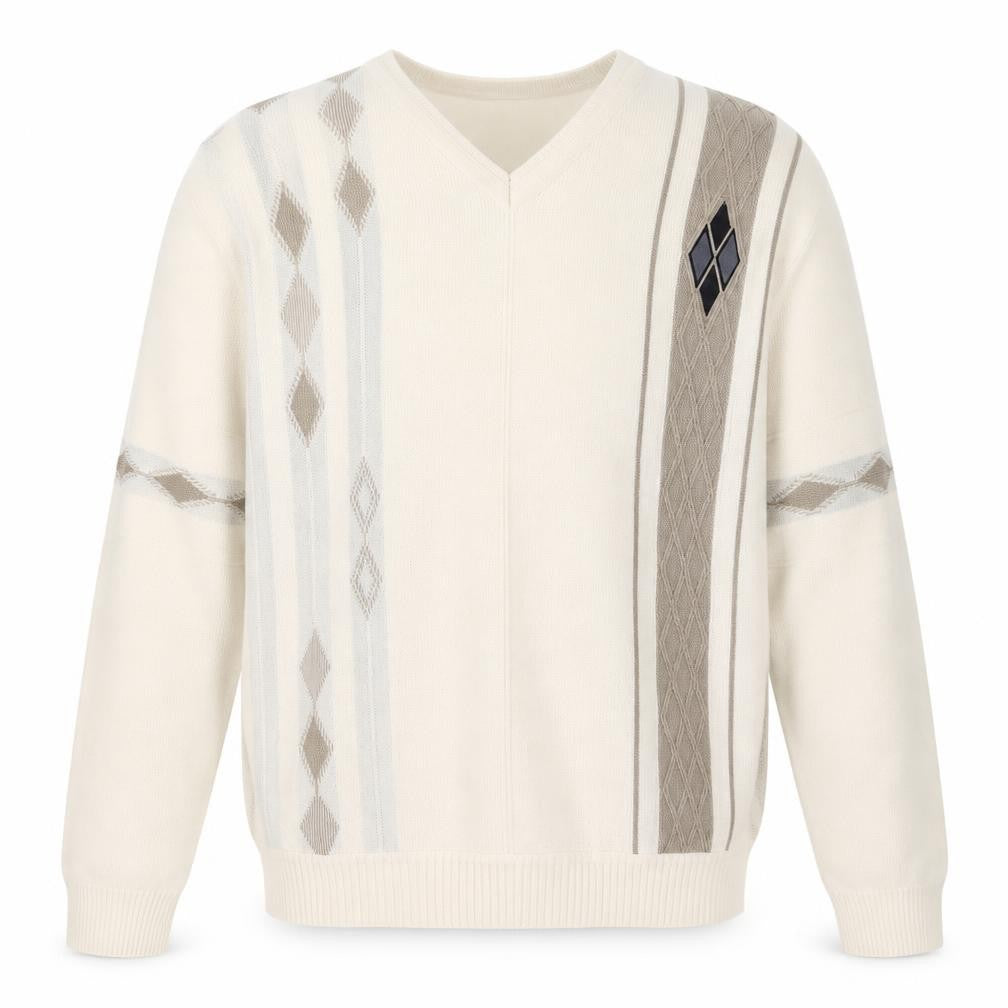 Pierre Sangan Men's Beige Wool Blend Argyle V-Neck Jumper Size M