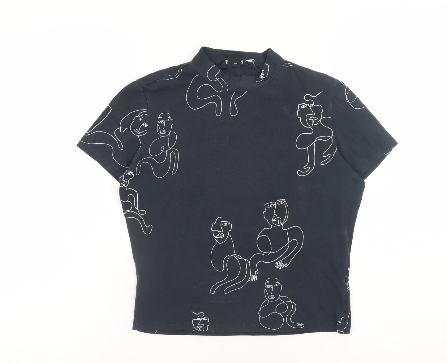 Monki Women Blue Art Print Mock Neck Short Sleeve Cotton T-Shirt S