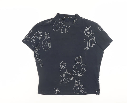 Monki Women Blue Art Print Mock Neck Short Sleeve Cotton T-Shirt S