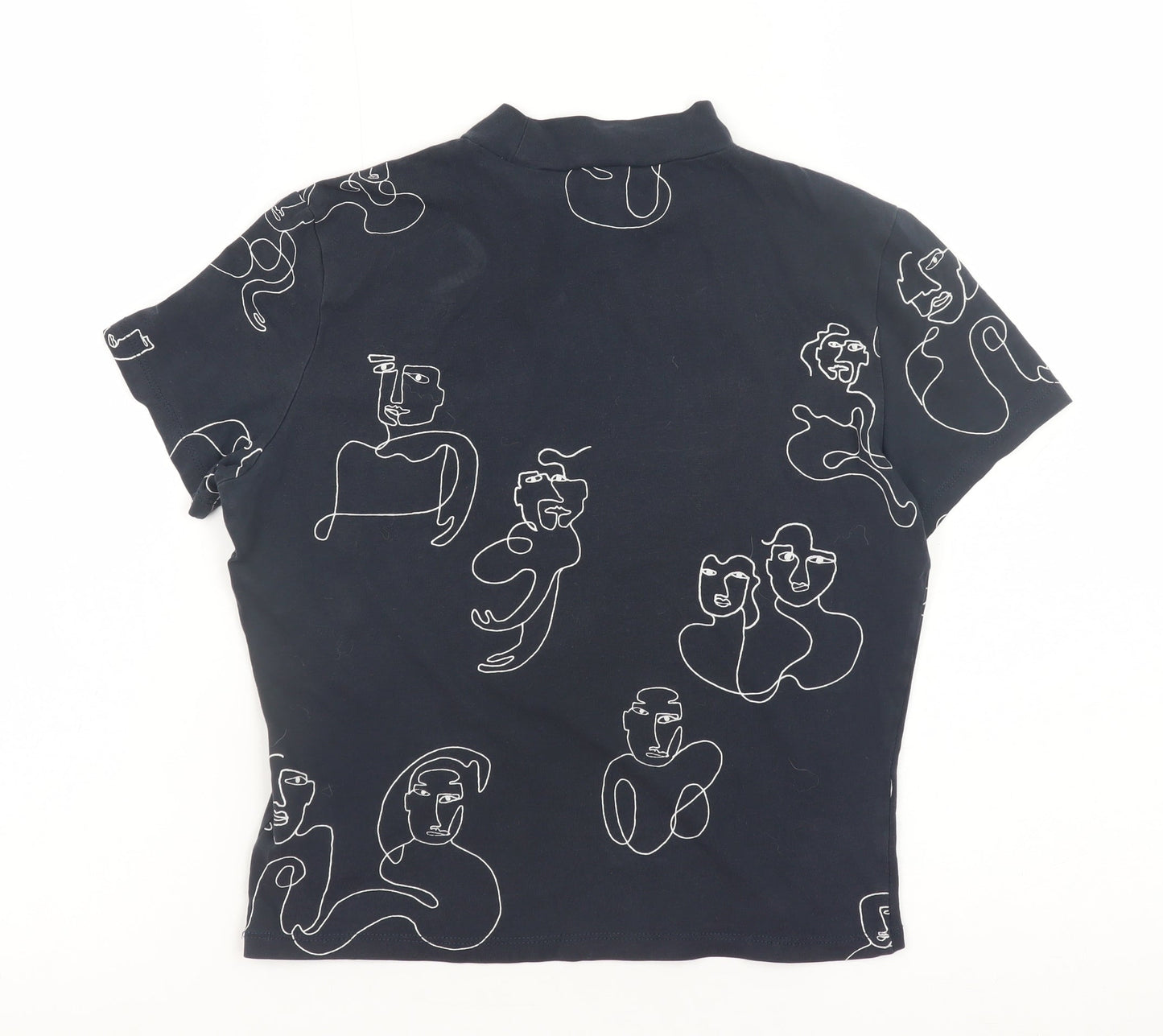 Monki Women Blue Art Print Mock Neck Short Sleeve Cotton T-Shirt S