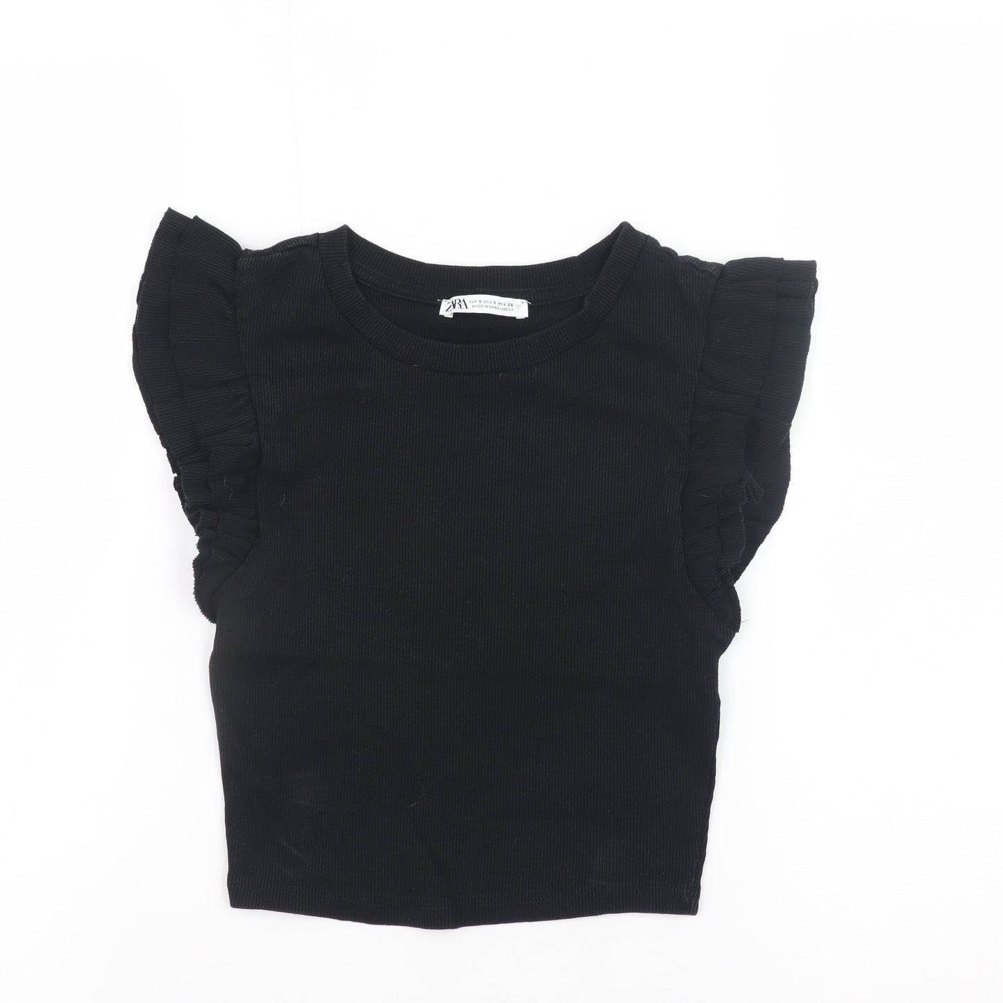 ZARA Women Black Cropped Ruffle Sleeve Jersey T-Shirt Size S