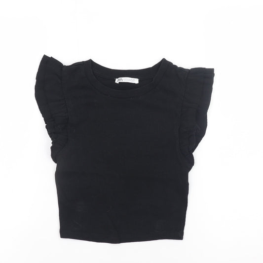 ZARA Women Black Cropped Ruffle Sleeve Jersey T-Shirt Size S