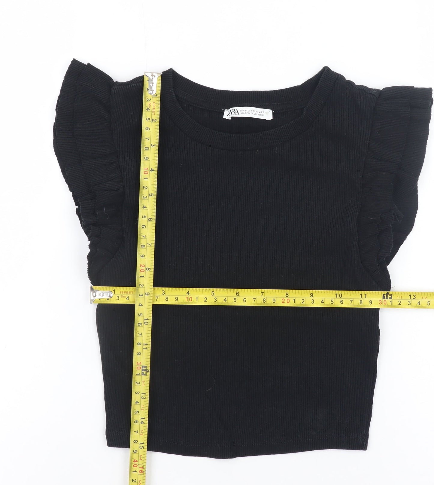 ZARA Women Black Cropped Ruffle Sleeve Jersey T-Shirt Size S