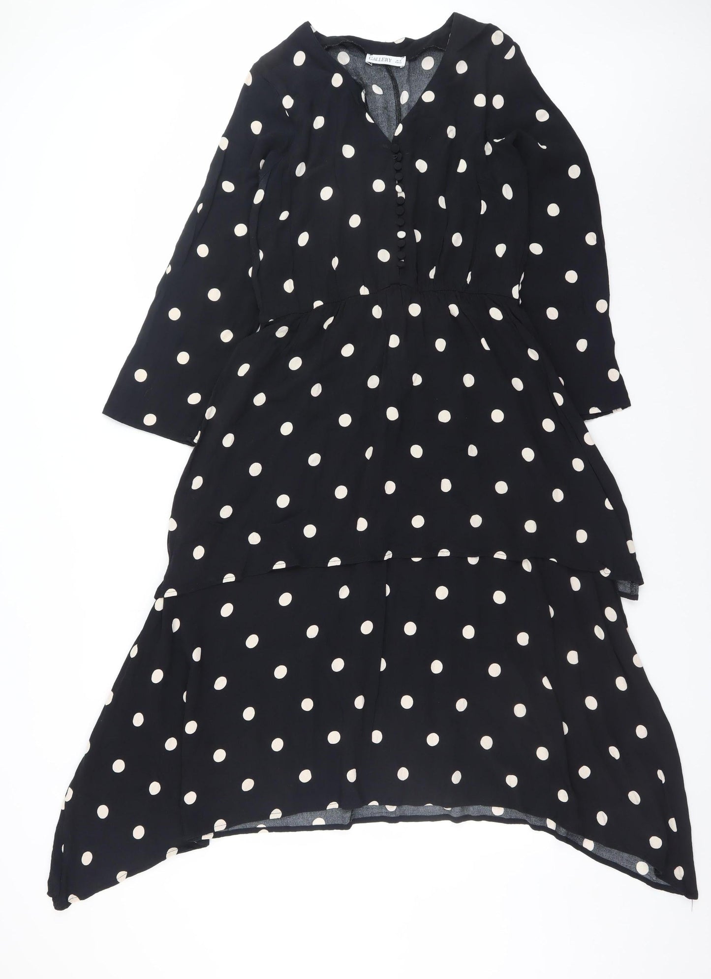 Gallery Womens Black Polka Dot Hi-Low A-Line Viscose Dress UK 14