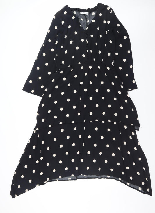Gallery Womens Black Polka Dot Hi-Low A-Line Viscose Dress UK 14