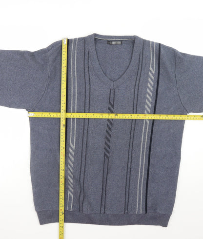 Back view of Dunnes Men Blue Geometric V-Neck jumper, size S