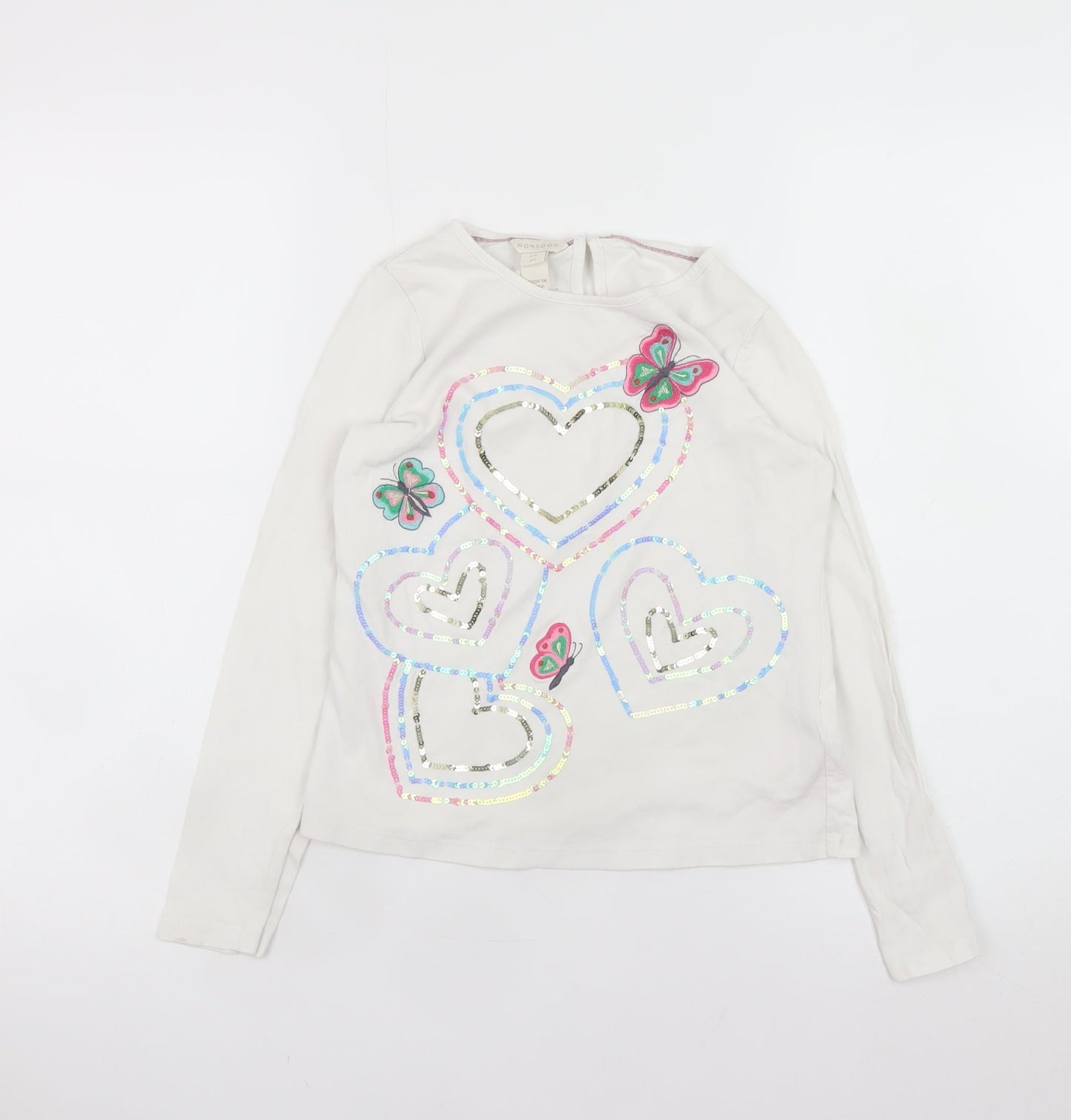 Monsoon Teens White Long Sleeve Heart Sequin Cotton T-Shirt Size 10