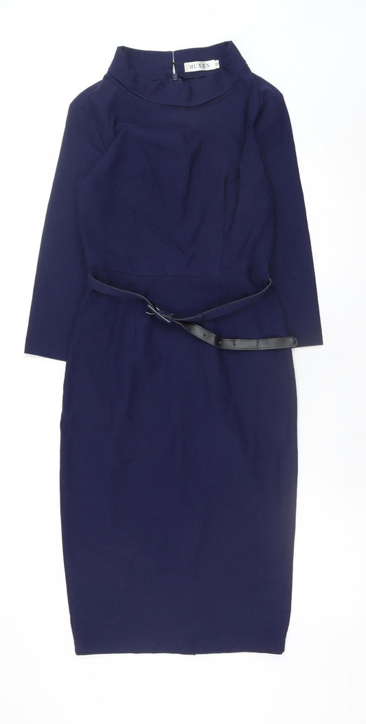 MUXXN Women Blue Bodycon Knee Length 3/4 Sleeve High Neck Work Dress Size S