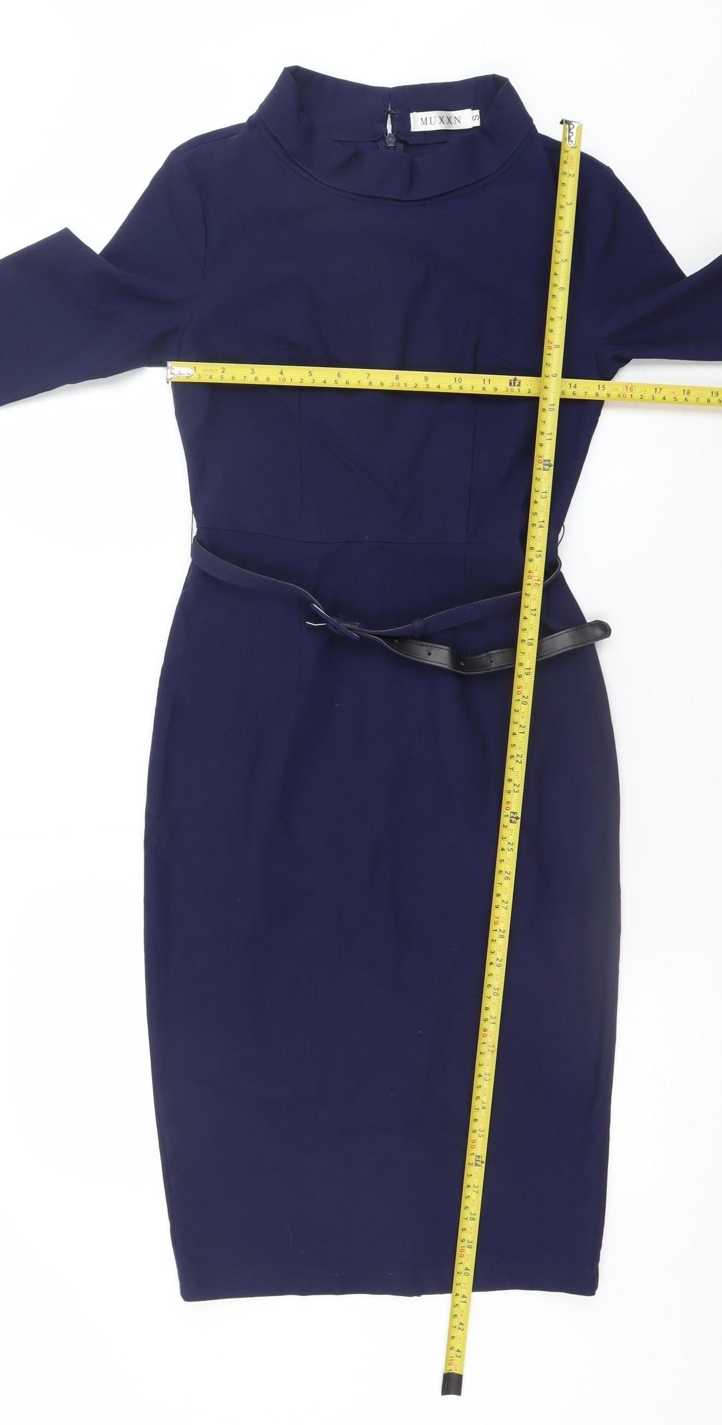 MUXXN Women Blue Bodycon Knee Length 3/4 Sleeve High Neck Work Dress Size S
