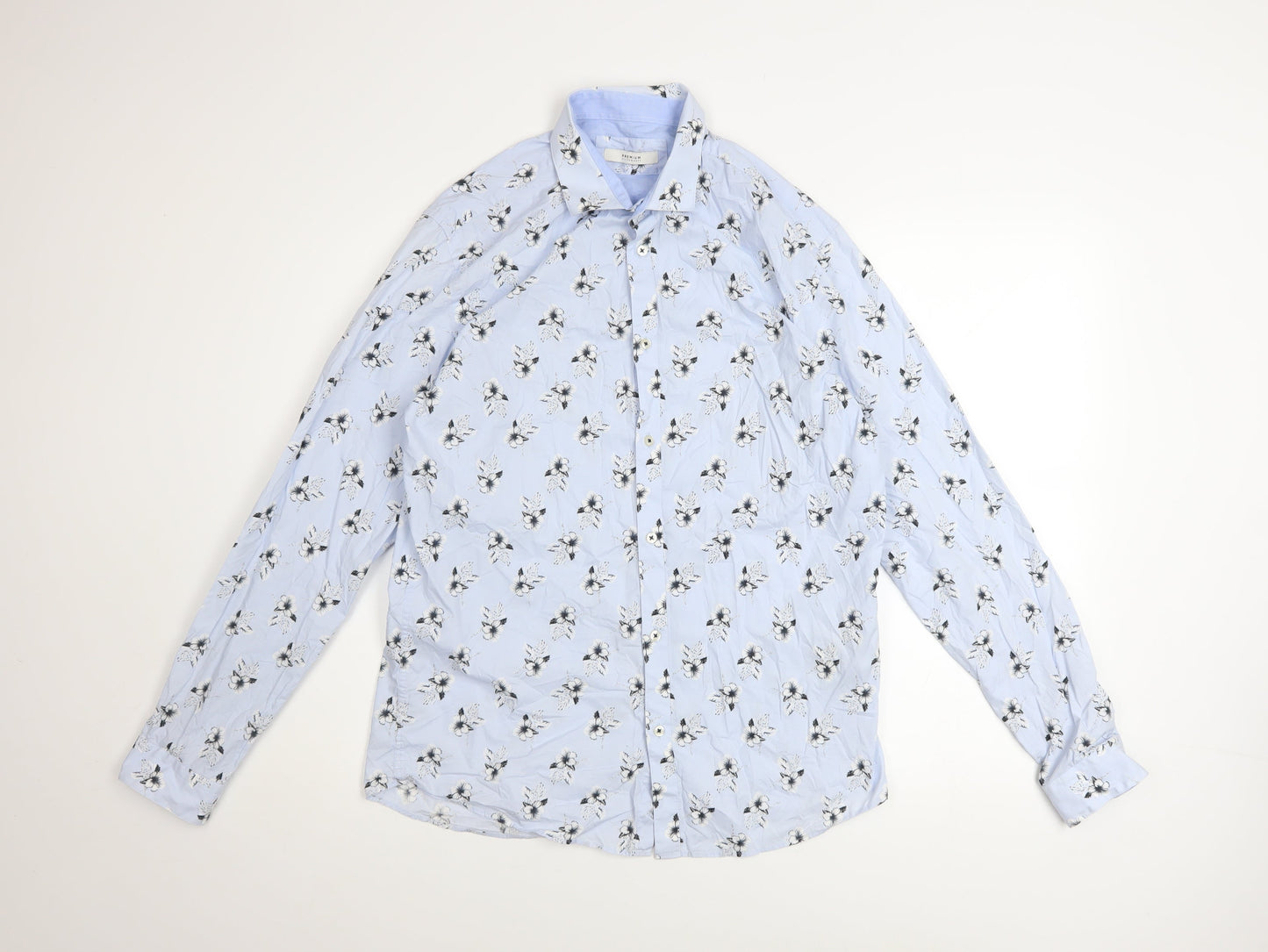 Jack & Jones Men's Blue Floral Long Sleeve Cotton Button-Up Shirt Size L 42