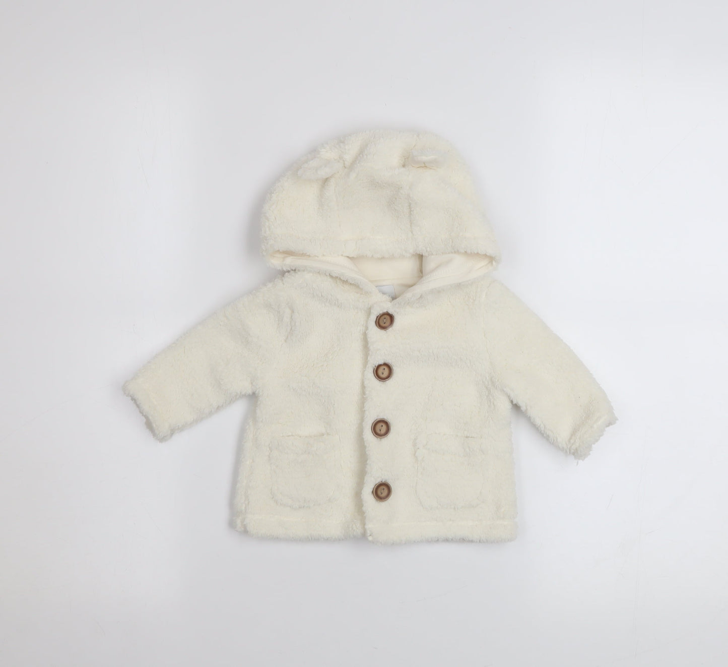 babyGap Unisex Ivory Fleece Hooded Button Coat 3-6 Months