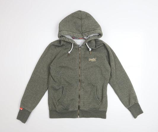 Superdry Women Green Full Zip Hoodie UK 14 Lined Glitter Logo Casual