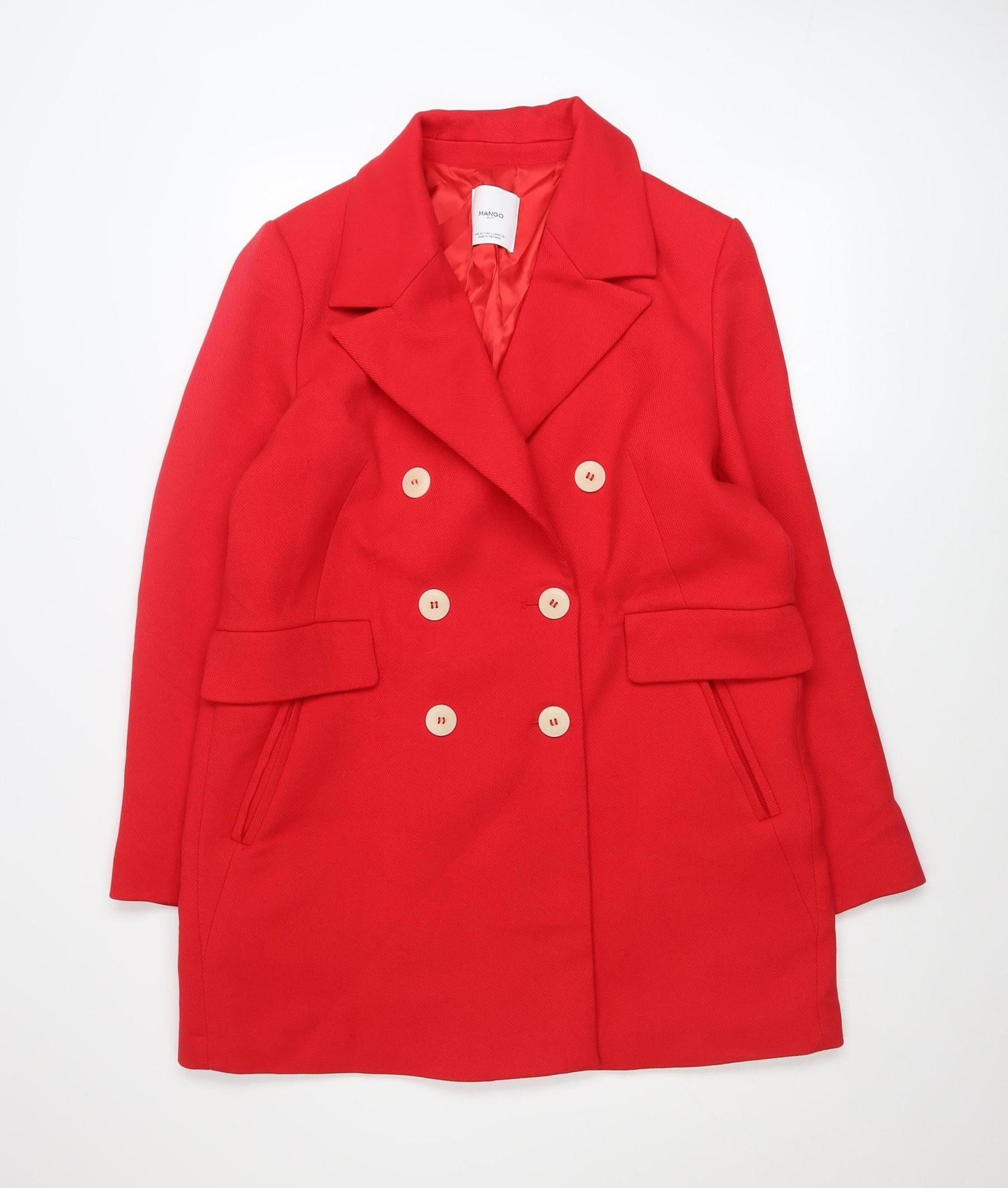 Mango Women’s Red Pea Coat Size 16 Double-Breasted Classic Mid-Length