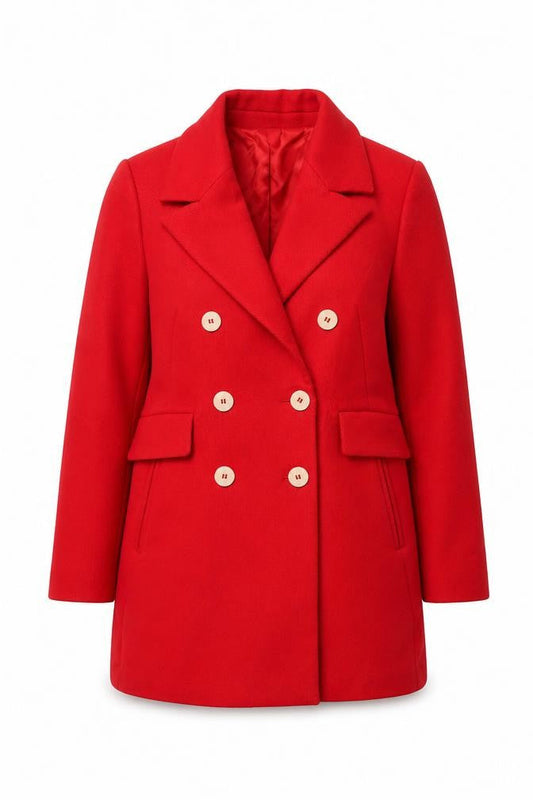 Mango Women’s Red Pea Coat Size 16 Double-Breasted Classic Mid-Length
