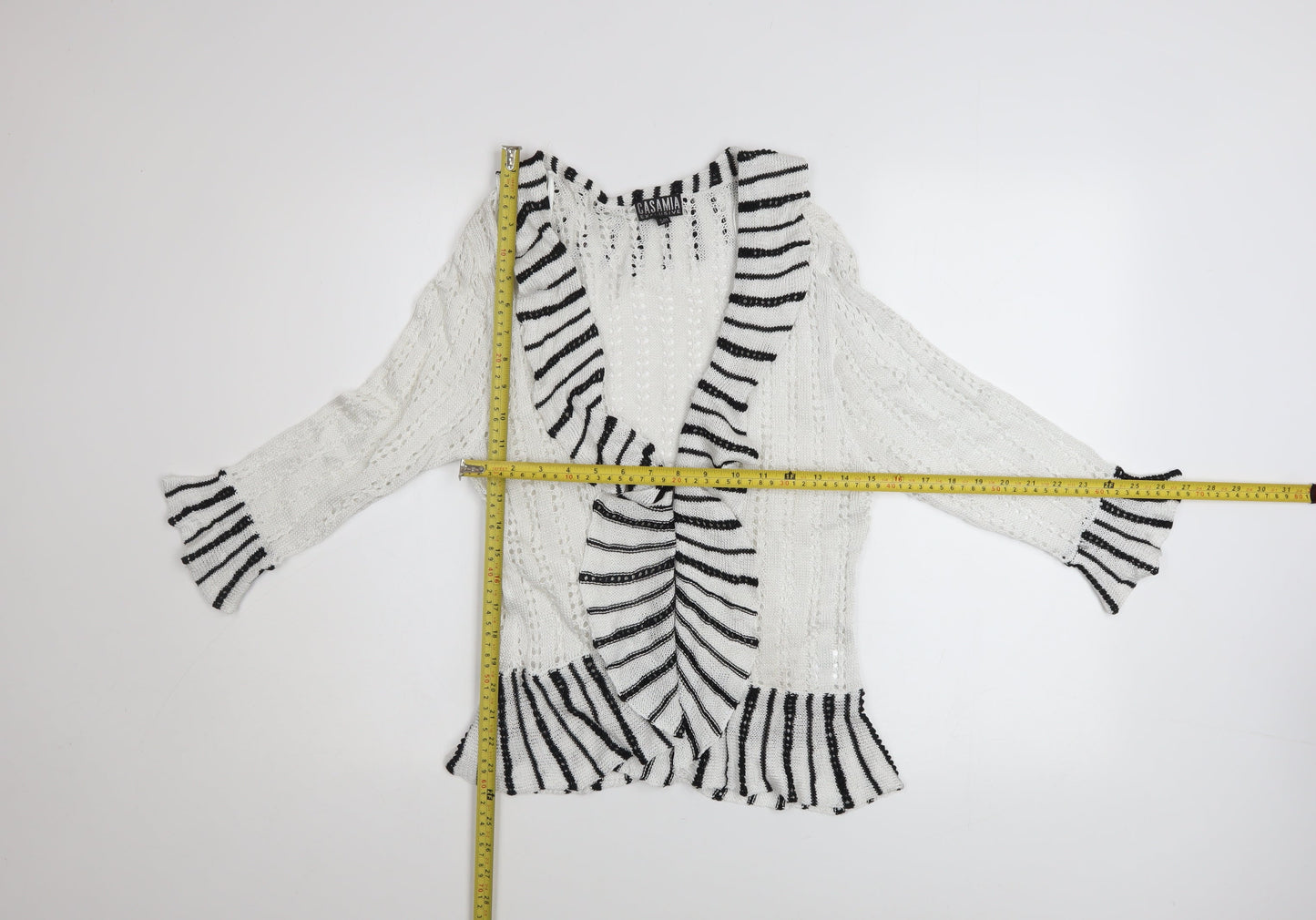 Casamia Women’s White Striped Ruffle Knit Open Cardigan S