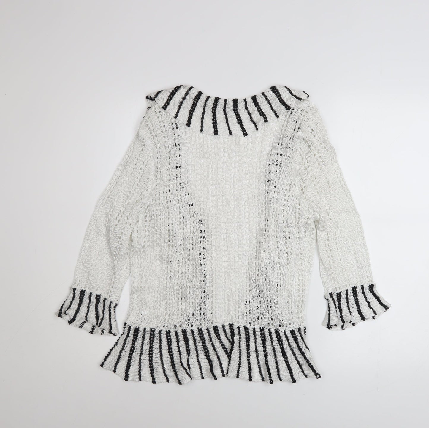 Casamia Women’s White Striped Ruffle Knit Open Cardigan S