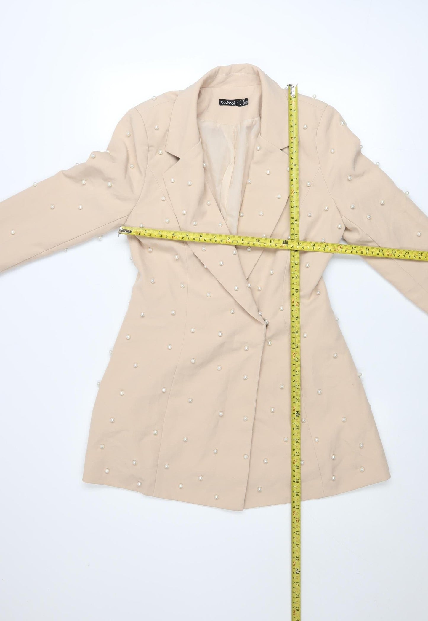 Boohoo Womens Beige Pearl Embellished Blazer UK 8 Classic Mid-Length