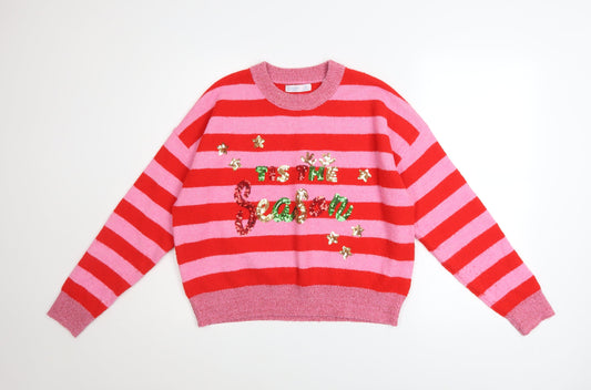Primark Womens Red Pink Striped Sequin Christmas Jumper Size S