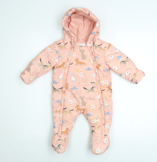 Marks and Spencer Unisex Baby Pink Animal Print Hooded Snowsuit 3-6 Months