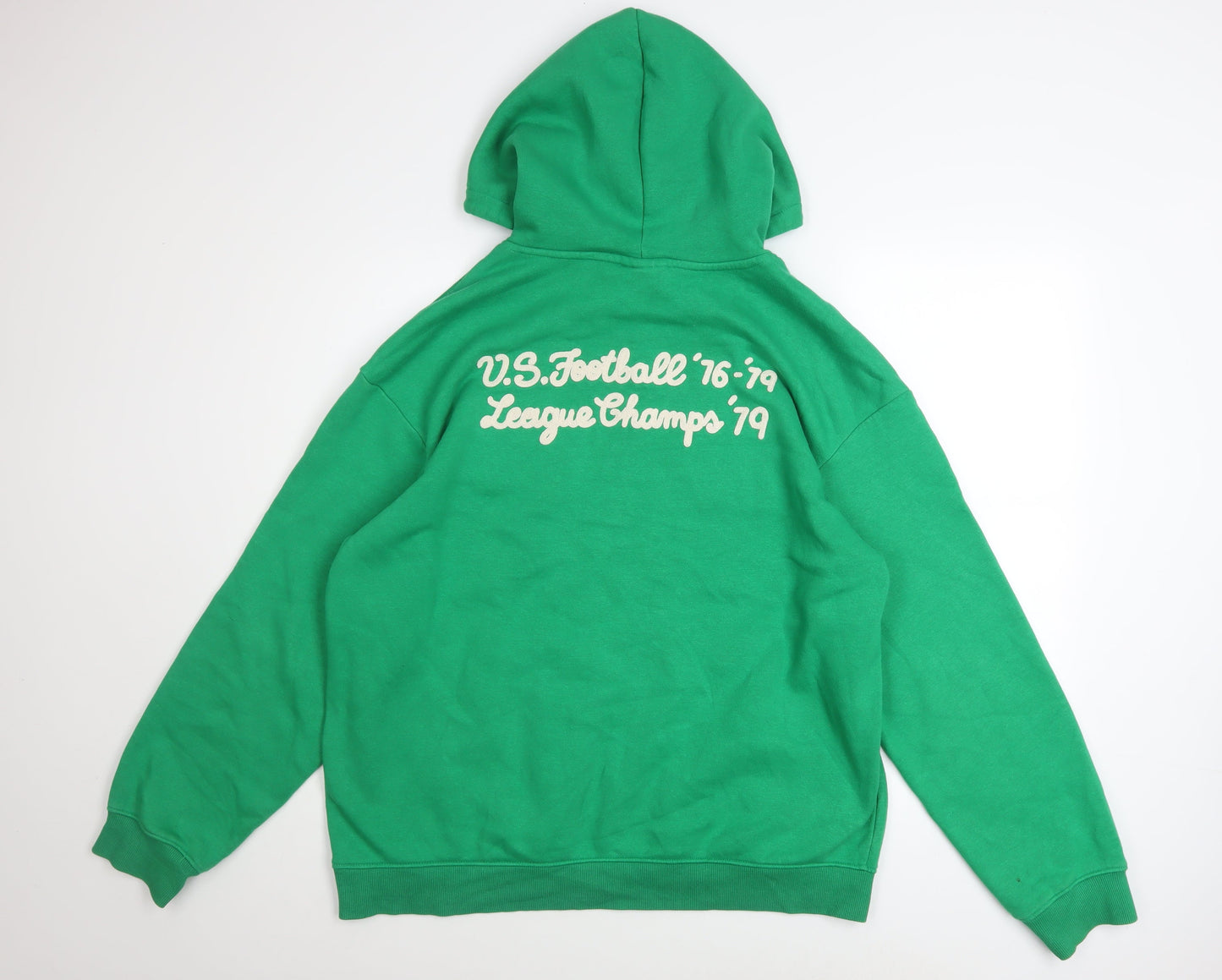 H&M Men’s Green Relaxed Fit Pullover Hoodie L Graphic Sports Style