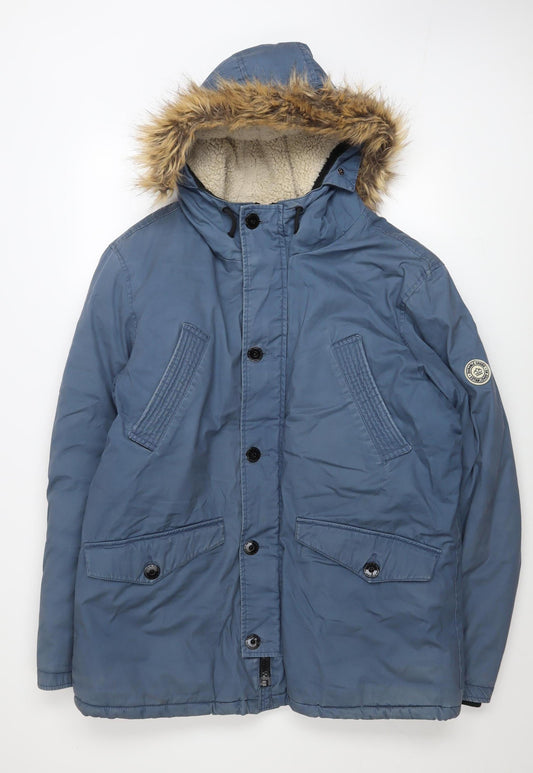 Next Men’s Blue Hooded Parka Coat L 44in Faux Fur Trim Winter Jacket