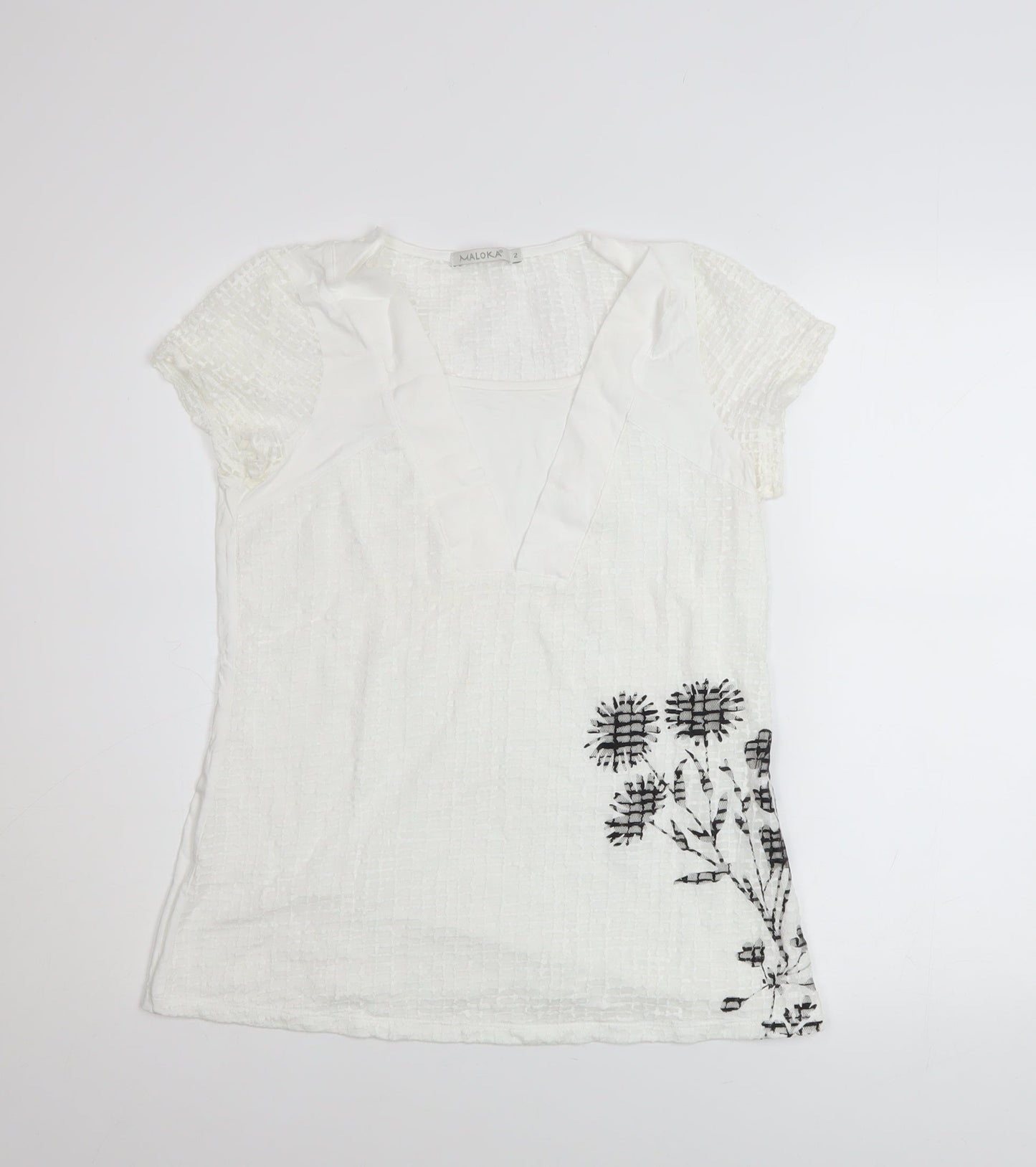 Maloka Women White Embroidered Floral Tunic Blouse Size 10