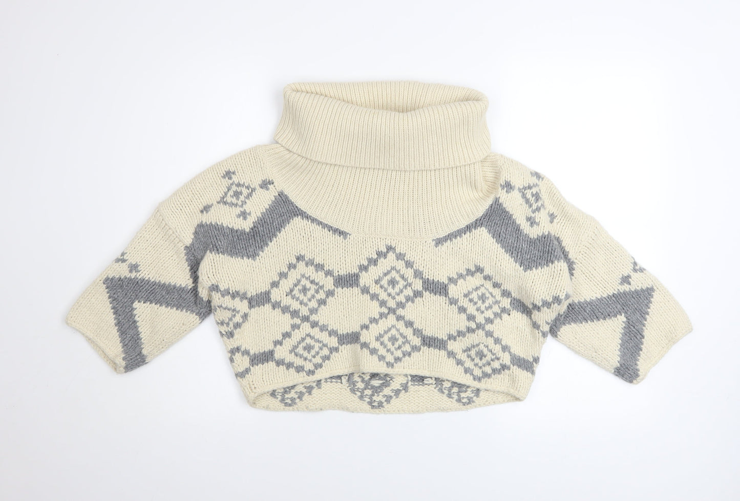 French Connection Women’s Ivory Chunky Roll Neck Geometric Jumper Size S