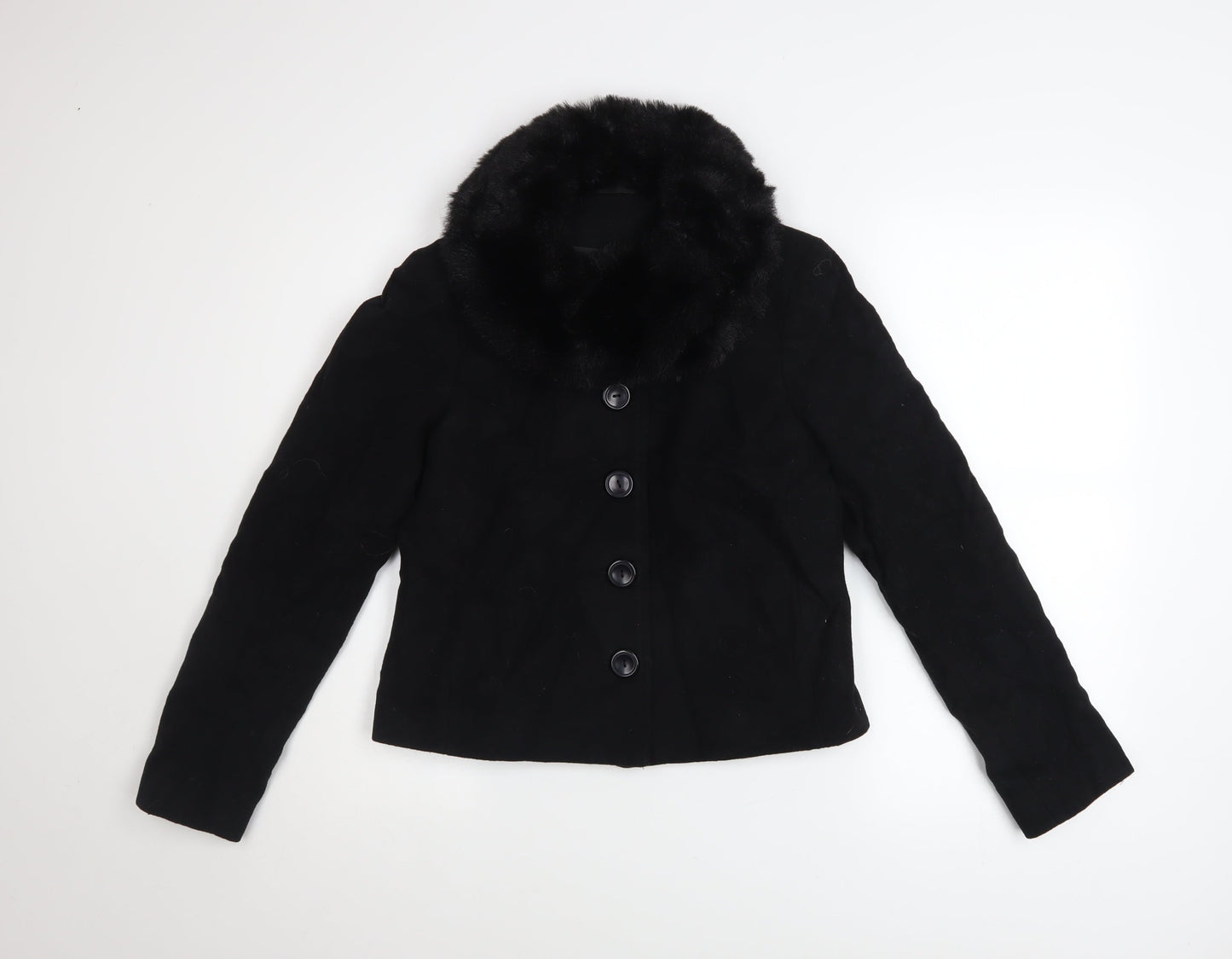 New Look Women Black Wool Blend Short Jacket with Faux Fur Collar UK 10