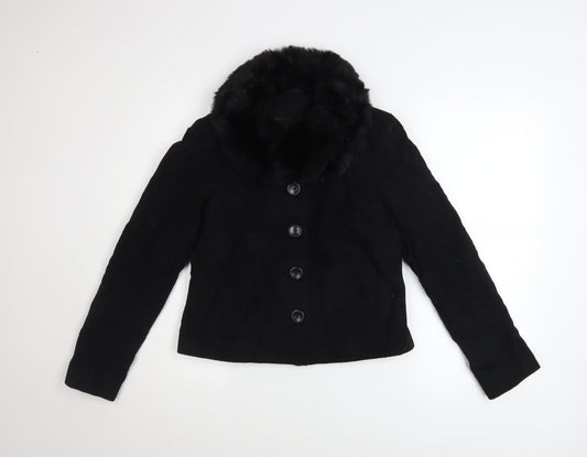 New Look Women Black Wool Blend Short Jacket with Faux Fur Collar UK 10