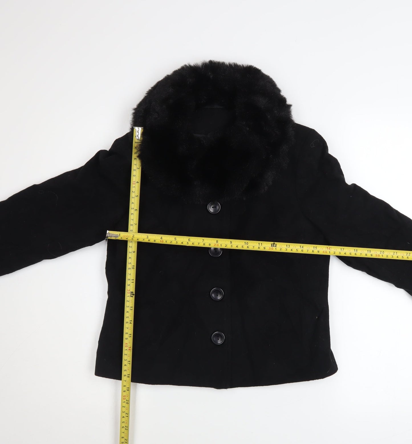 New Look Women Black Wool Blend Short Jacket with Faux Fur Collar UK 10