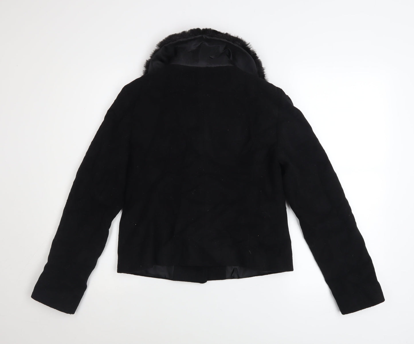 New Look Women Black Wool Blend Short Jacket with Faux Fur Collar UK 10
