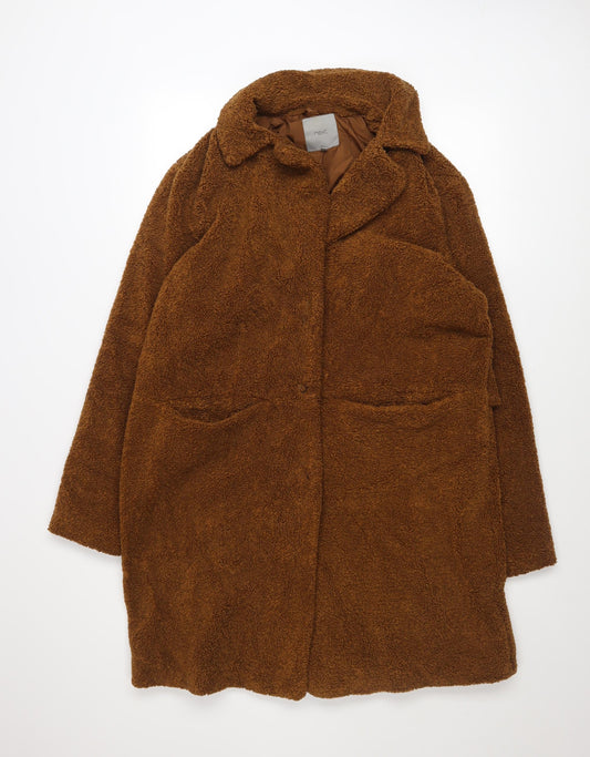 Next Women Brown Long Teddy Overcoat Size 14 Lined Polyester Coat