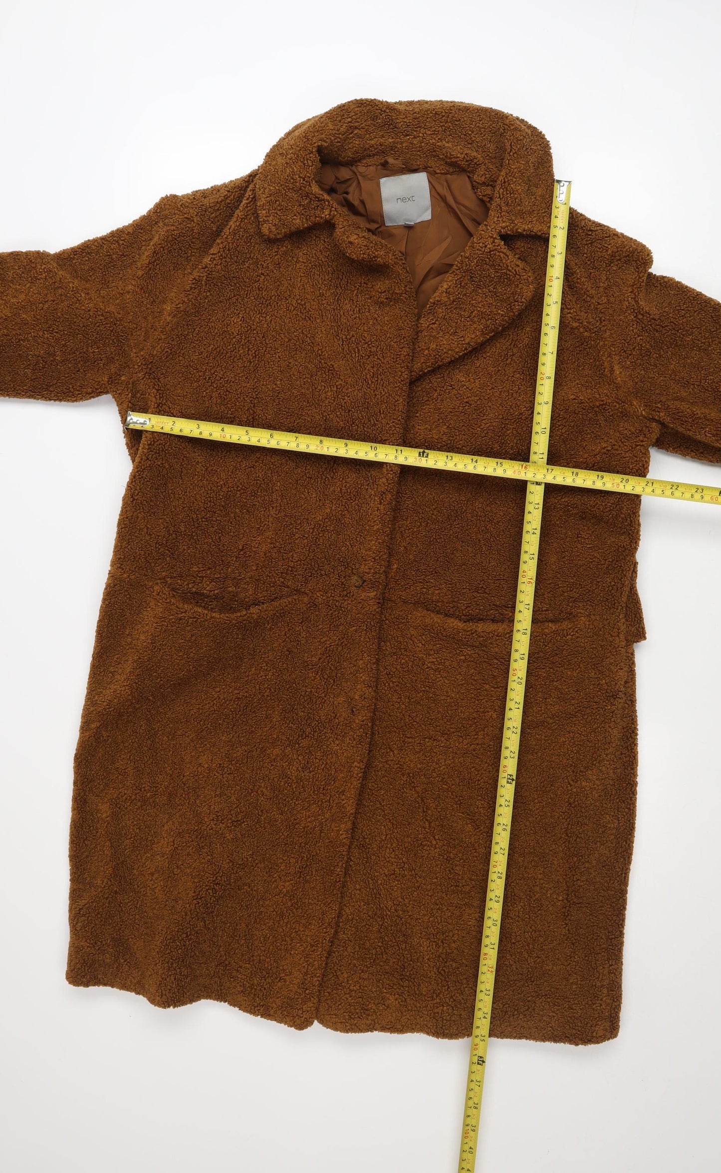 Next Women Brown Long Teddy Overcoat Size 14 Lined Polyester Coat