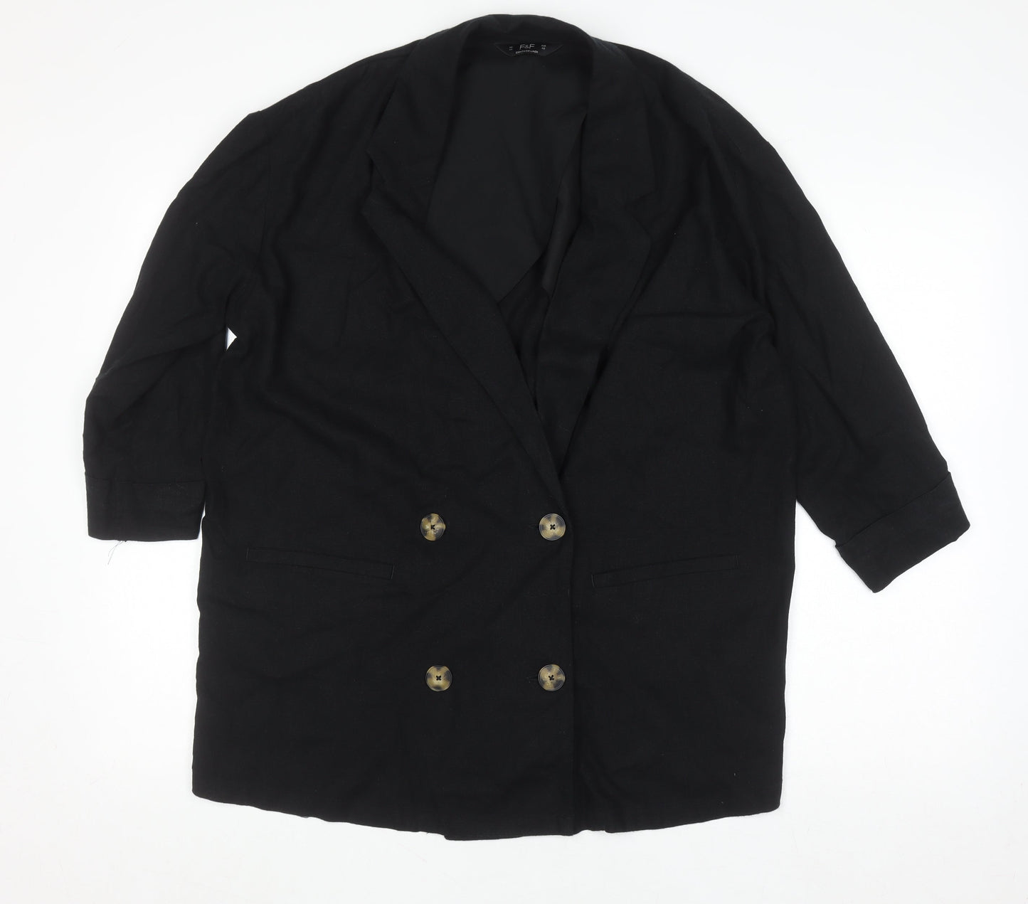 F&F Womens Black Linen Blend Double-Breasted Blazer UK 14