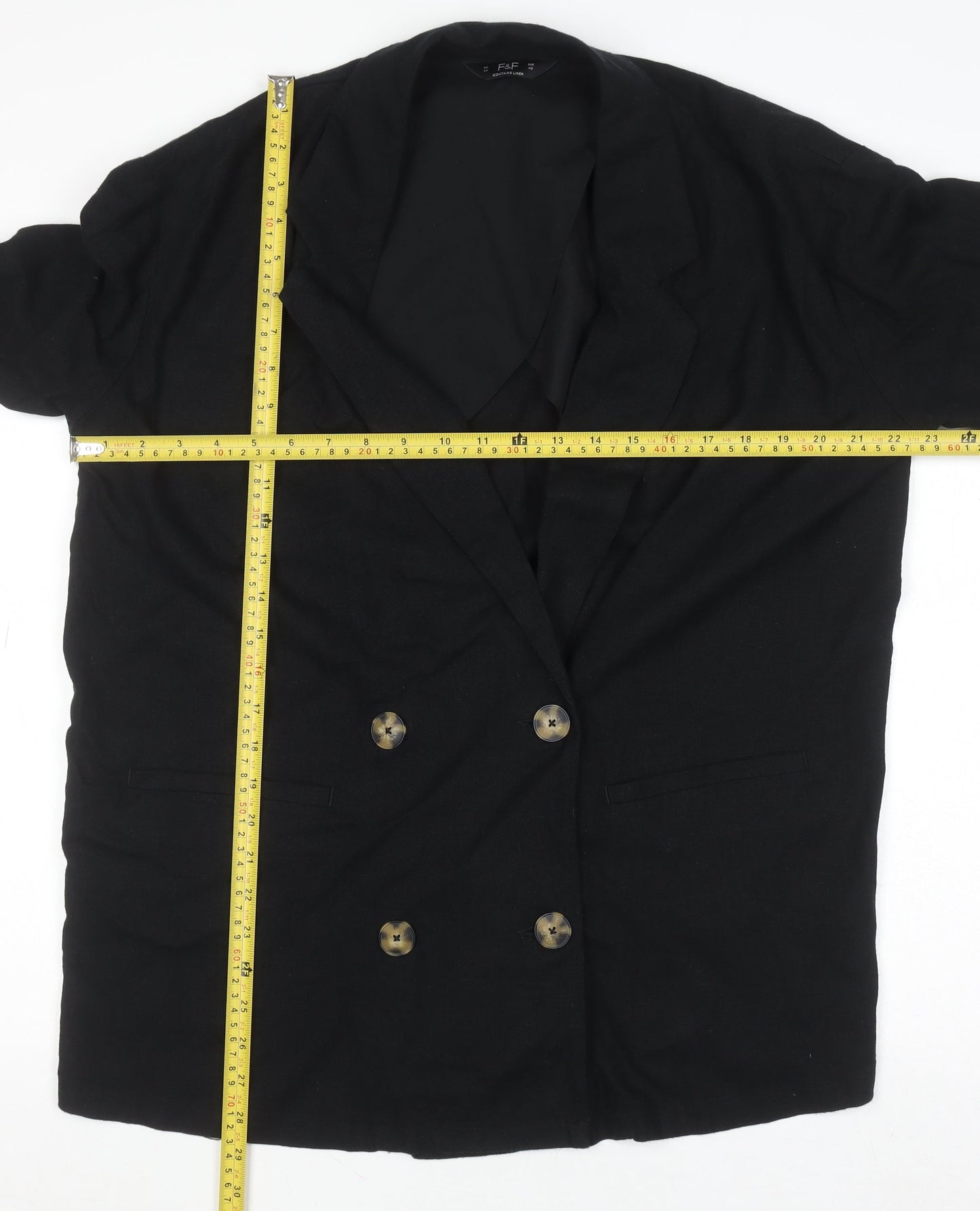 F&F Womens Black Linen Blend Double-Breasted Blazer UK 14
