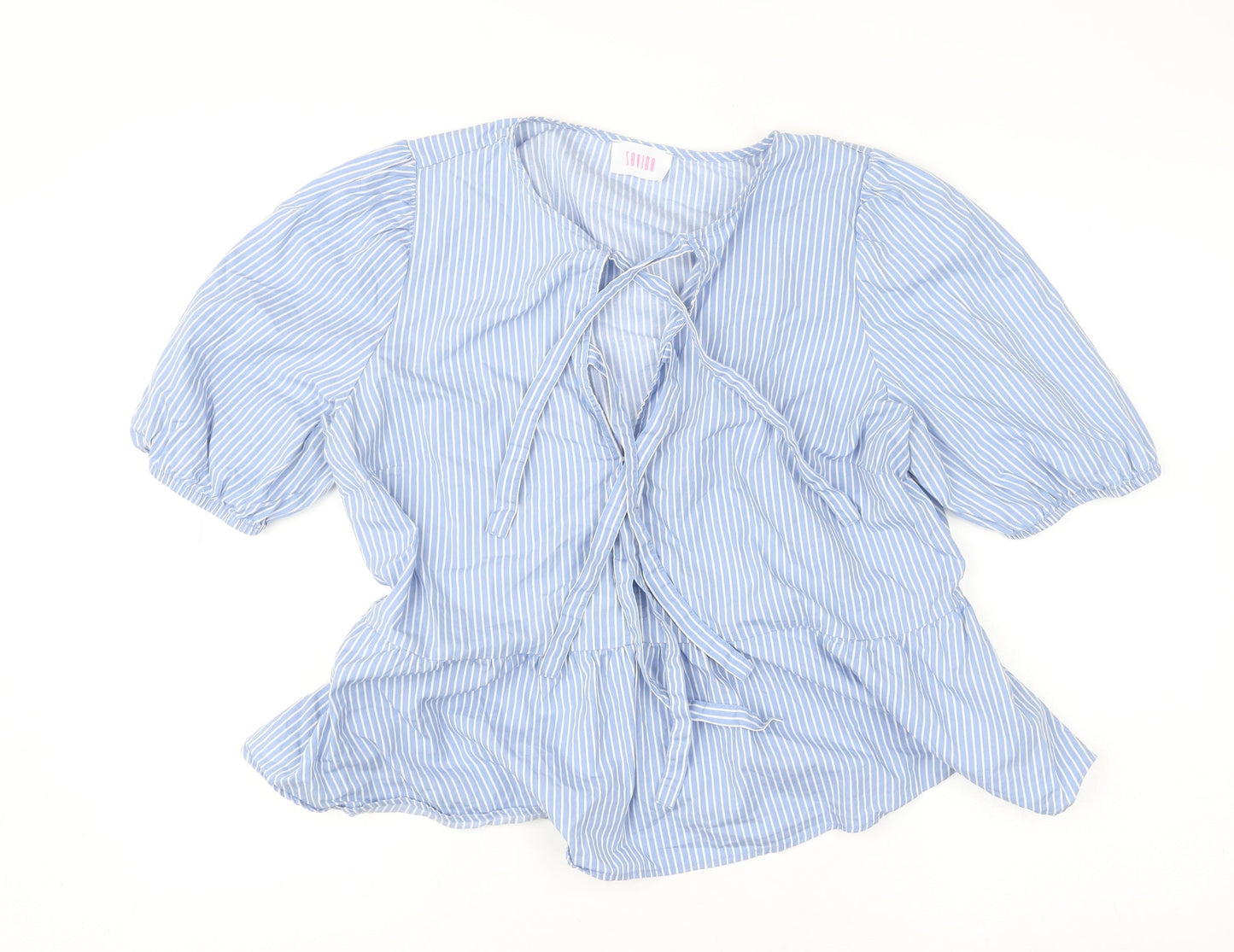 Savida Women’s Blue Striped Cotton Tunic Blouse Size 14 Puff Sleeve
