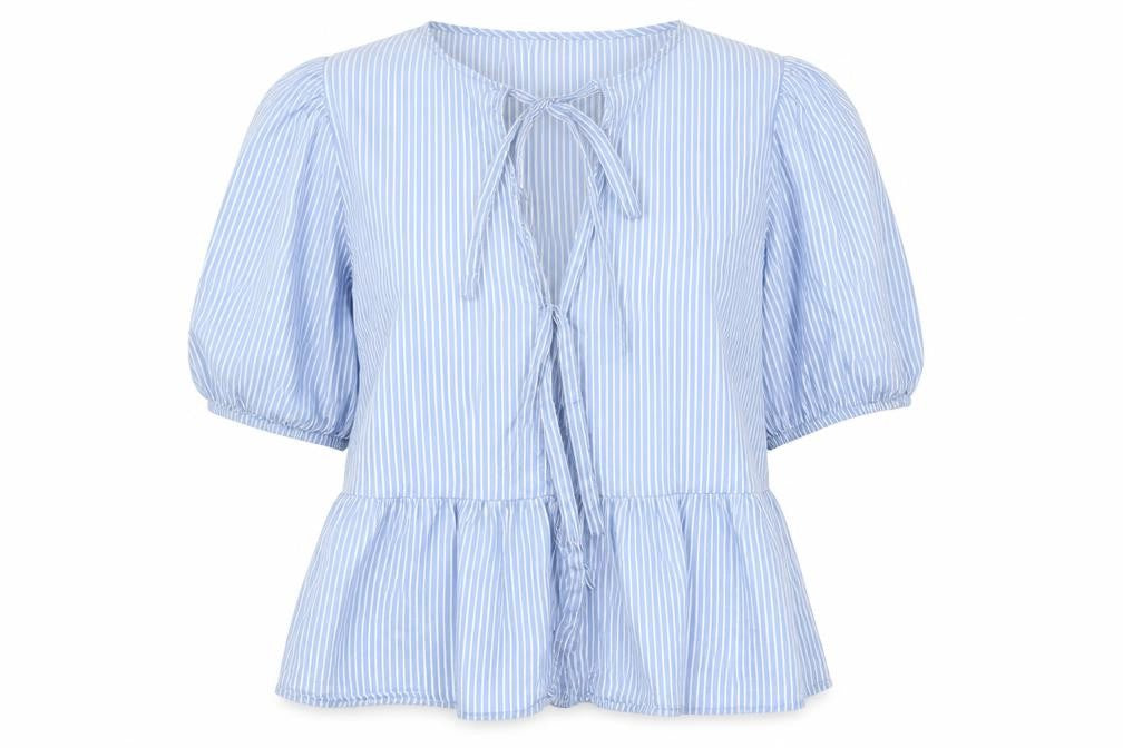 Savida Women’s Blue Striped Cotton Tunic Blouse Size 14 Puff Sleeve