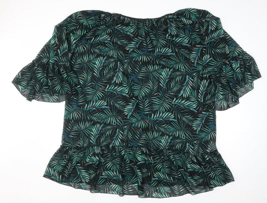 Calliope Women’s Green Leaf Print Chiffon Blouse XL Summer Ruffle Top