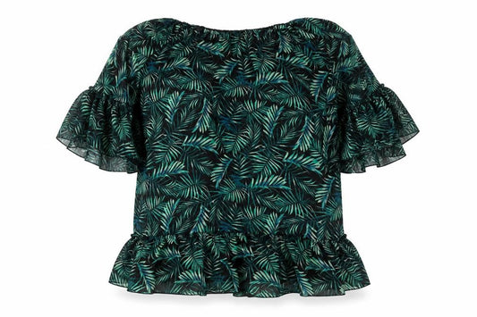 Calliope Women’s Green Leaf Print Chiffon Blouse XL Summer Ruffle Top