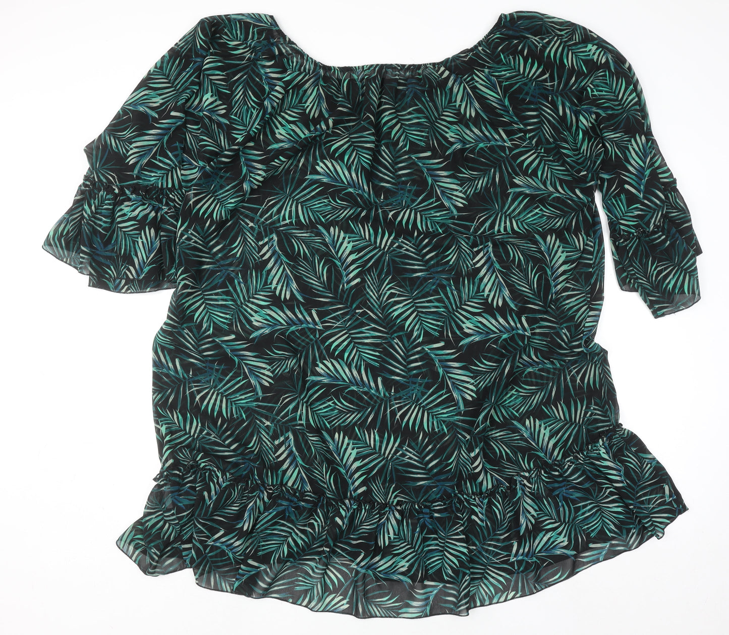 Calliope Women’s Green Leaf Print Chiffon Blouse XL Summer Ruffle Top