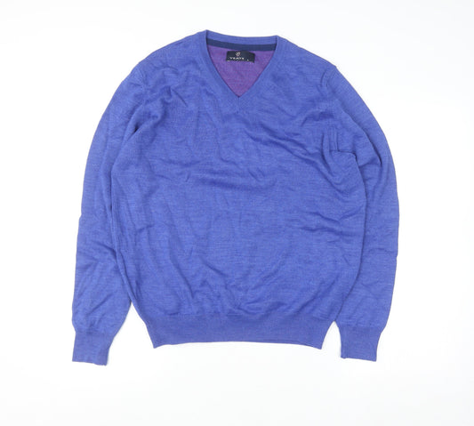 Yeats Men Blue V-Neck Merino Wool Blend Pullover Jumper M