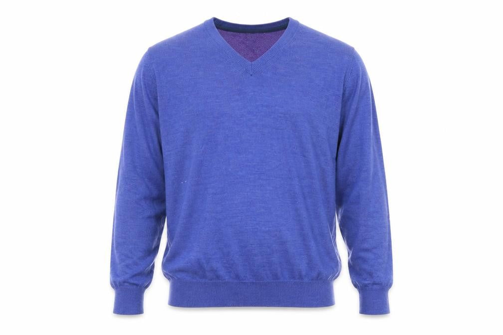 Yeats Men Blue V-Neck Merino Wool Blend Pullover Jumper M