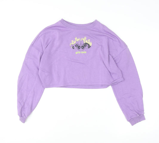 H&M Girls Purple Crop Jumper 11-12 Years Pullover Cotton Blend 'Girls Unite'