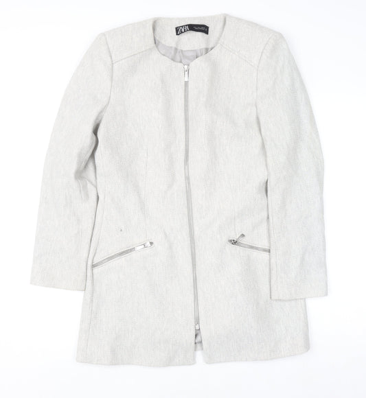 Zara Women Grey Wool Blend Long Zip Coat Size 12 Classic Style