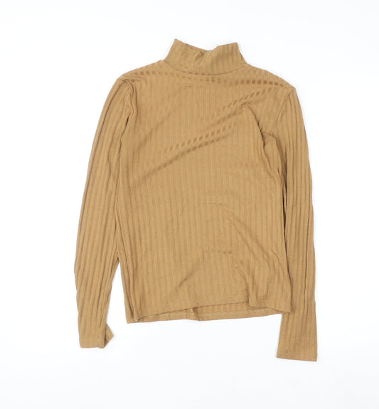 Topshop Women Brown Roll Neck Ribbed Long Sleeve Cotton Top Size 10