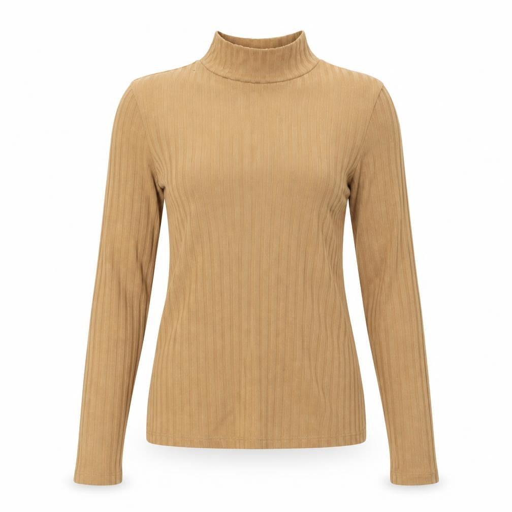 Topshop Women Brown Roll Neck Ribbed Long Sleeve Cotton Top Size 10