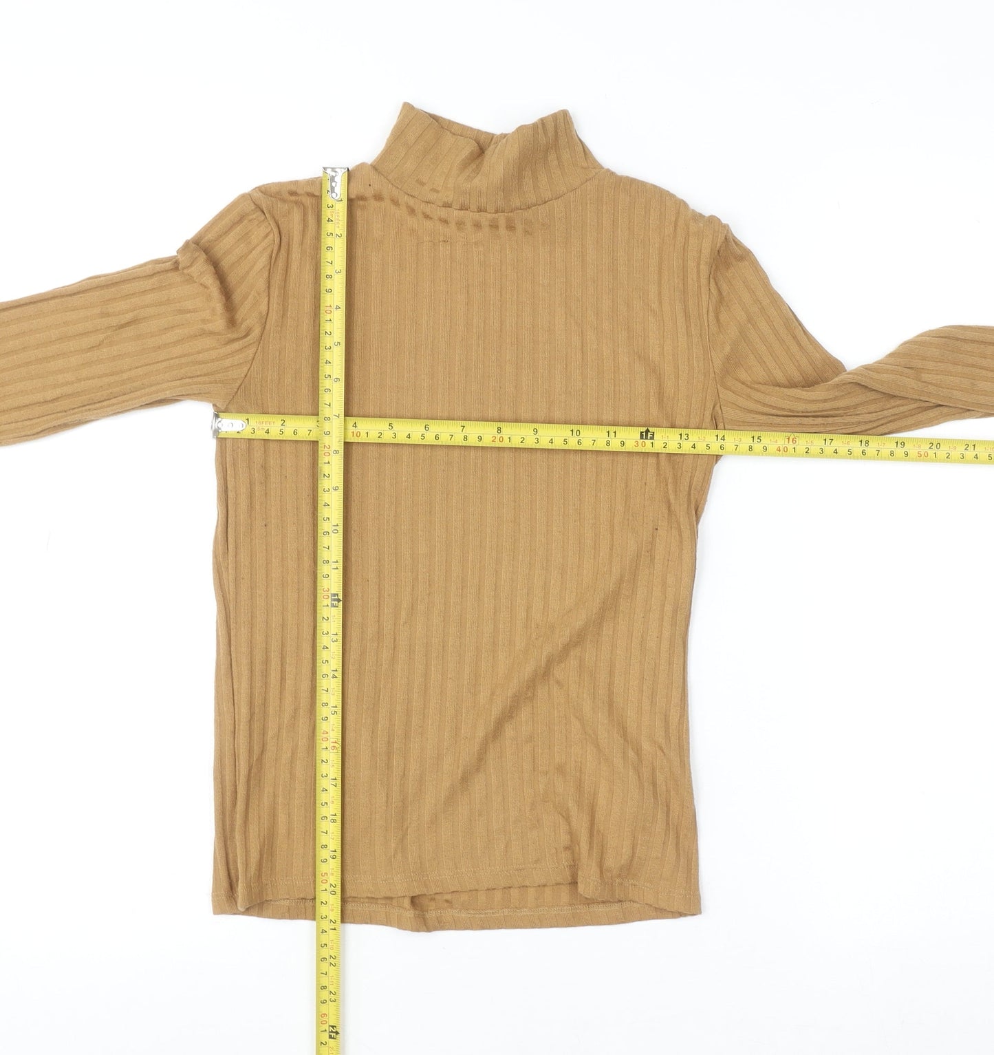 Topshop Women Brown Roll Neck Ribbed Long Sleeve Cotton Top Size 10